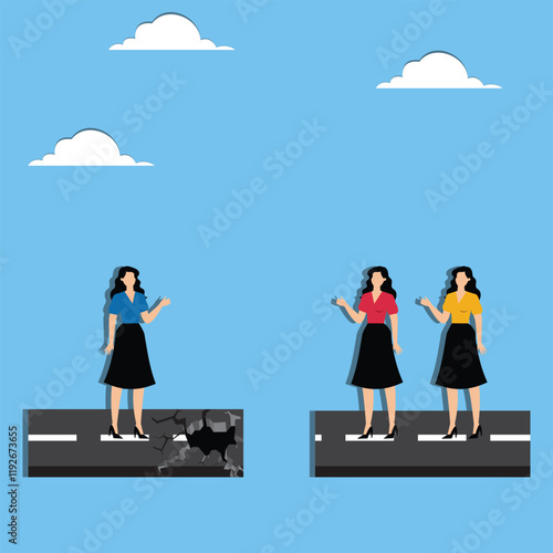 Risks and crises in business cooperation, mistrust or betrayal between partners, broken and collapsed bridges between businessmen, businesswomen on collapsed roads crying out for help to their partner