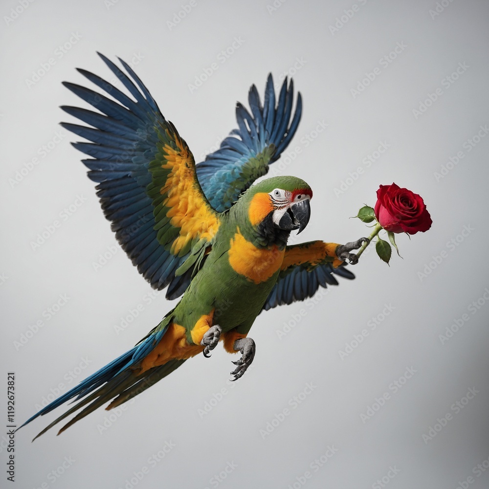Fototapeta premium A parrot in mid-flight with a rose gripped in its claws, each feather visible, perfectly contrasted against white.