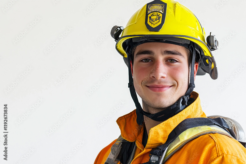 Fototapeta premium Generative AI Portrait of a Young Emotional Firefighter in Uniform Against White Background