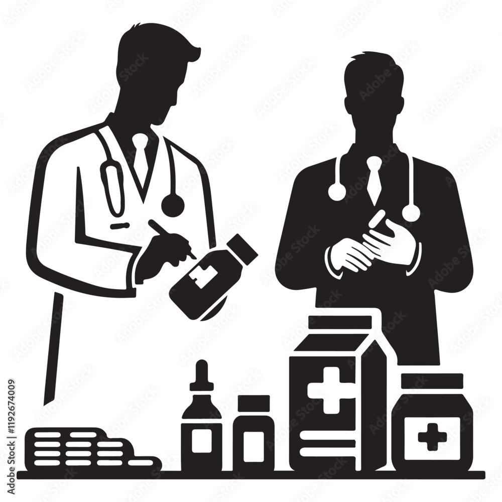 Pharmacist Silhouette Vector Illustration, Solid White Background. Pharmacist Silhouette Vector Illustration, Solid White Background.
