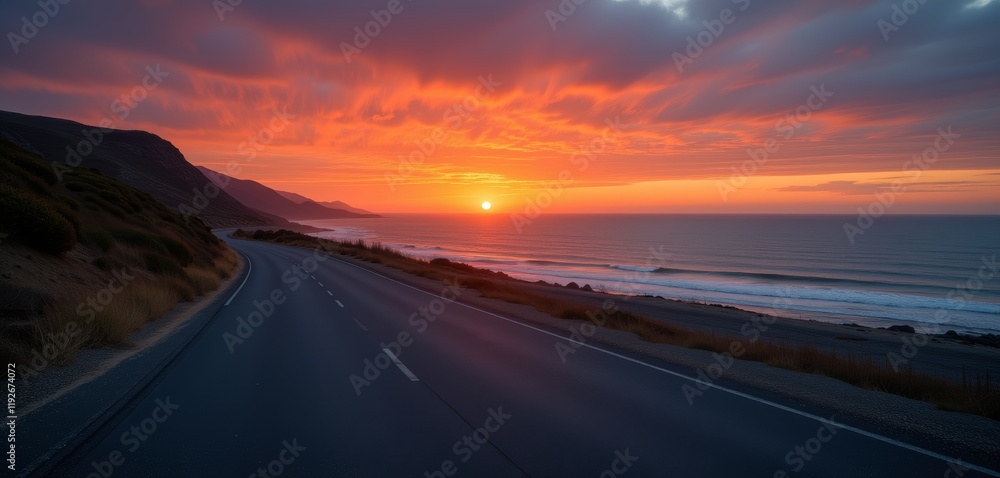 Fototapeta premium Coastal road at sunset with vibrant orange skies
