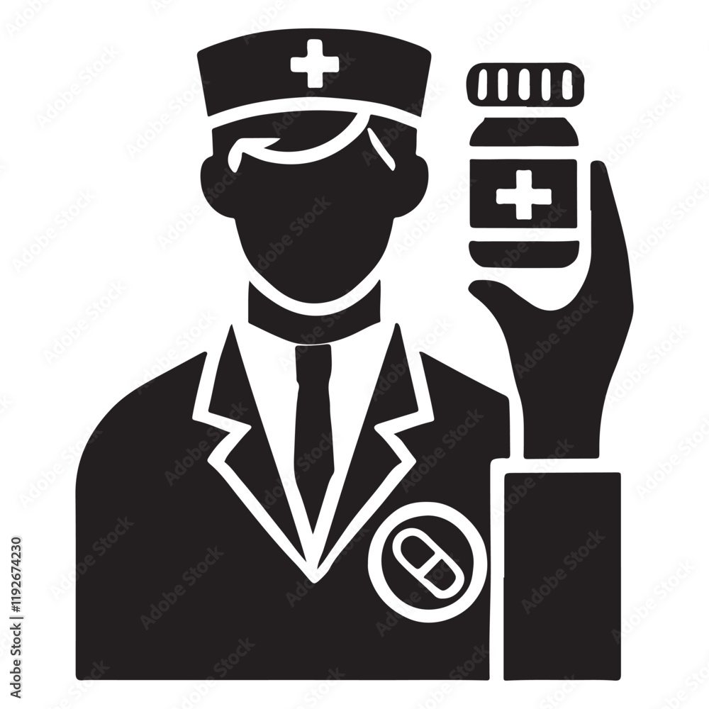 Pharmacist Silhouette Vector Illustration, Solid White Background.