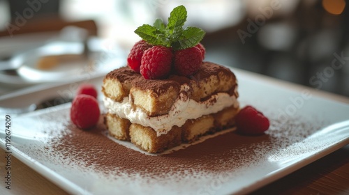 A classic Italian tiramisu with layers of espresso-soaked ladyfingers and mascarpone cream, dusted with cocoa powder, Tiramisu centered photo