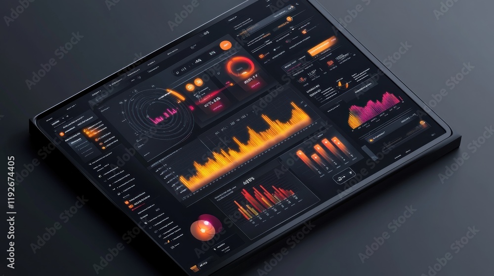 A futuristic dark interface displaying multiple data visualizations and red graph lines A futuristic dark interface displaying multiple data visualizations and red graph lines