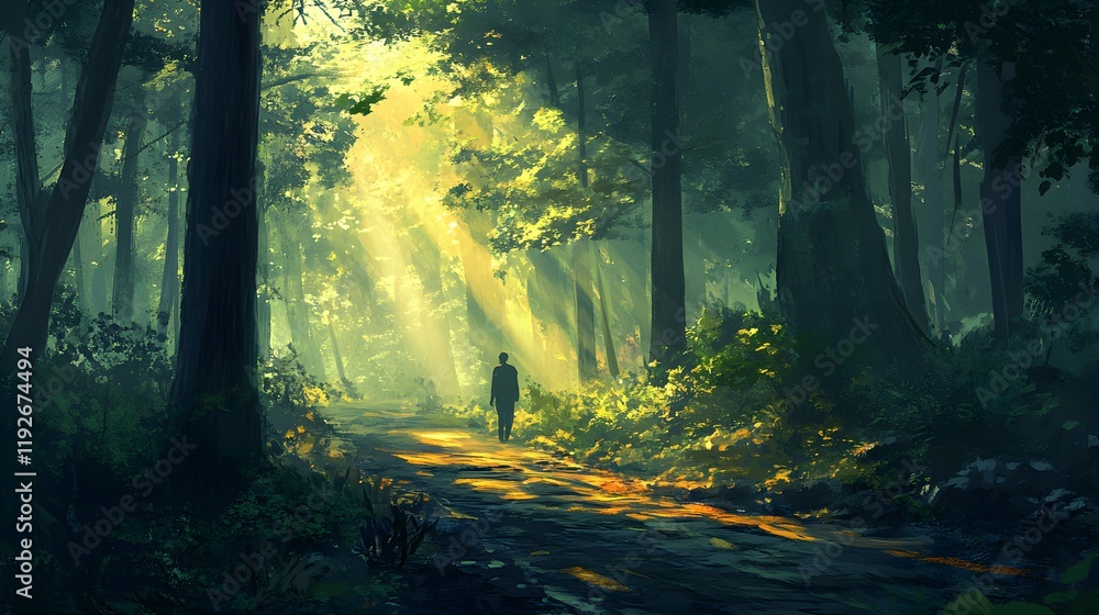 Fototapeta premium A lone figure walking down a tranquil forest path, with sunlight gently illuminating the way through the trees. The serene atmosphere and vibrant foliage evoke the feeling of embarking on a 