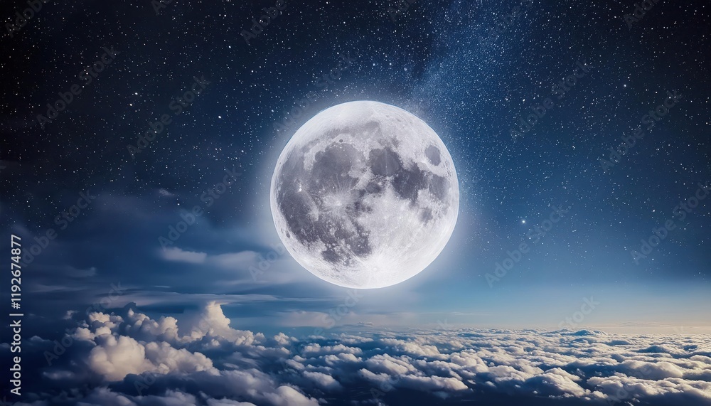 Fototapeta premium Beautiful Full Moon Over Cloudy Night Sky Enchanting Lunar View