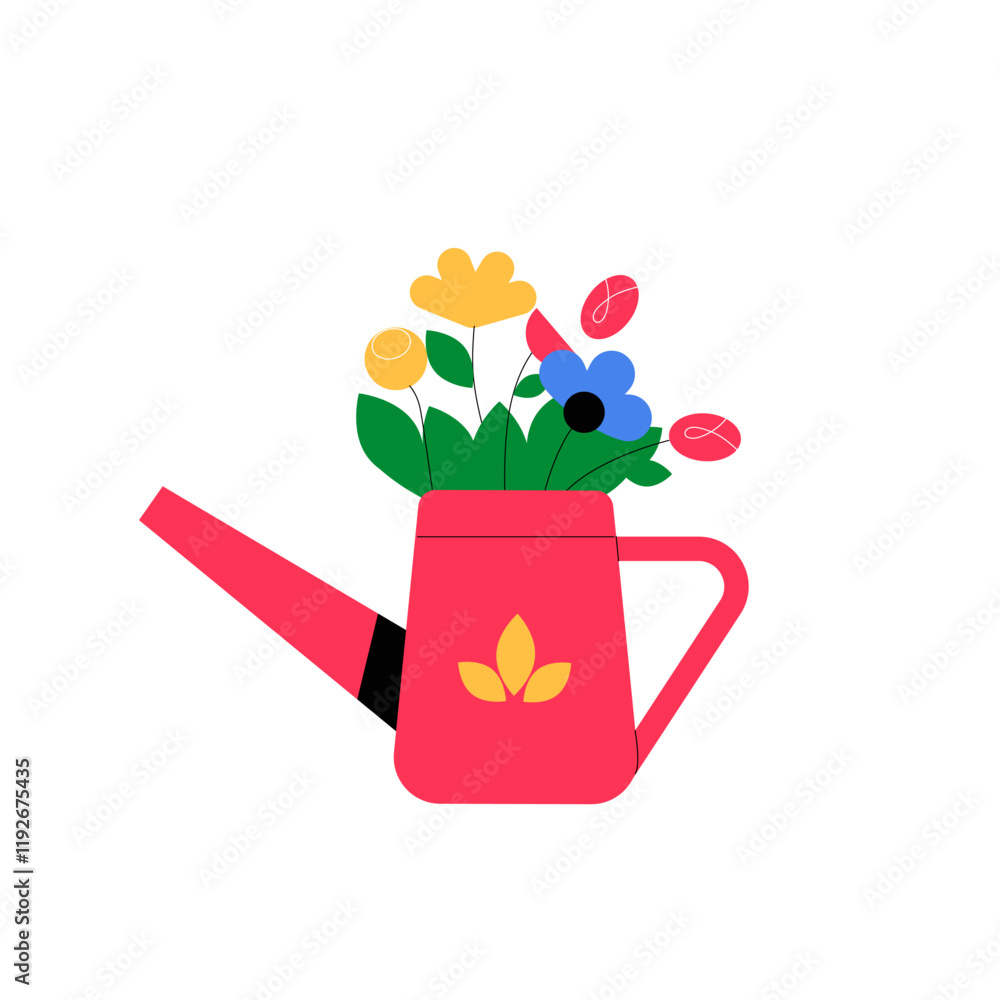 Obraz premium Watering Can With Flowers In Flat Vector Illustration Symbolizing Gardening, Floral Decor, And Nature, Isolated On White Background.