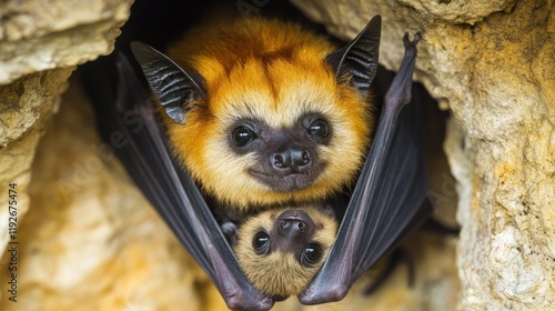 Two adorable bat hanging upside down in a cave with beautiful brown and black fur