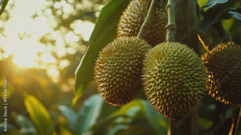 Durian fruit hanging on tree in lush green environment, illuminated by warm sunlight. spiky exterior and vibrant colors create striking visual Durian fruit hanging on tree in lush green environment, illuminated by warm sunlight. spiky exterior and vibrant colors create striking visual