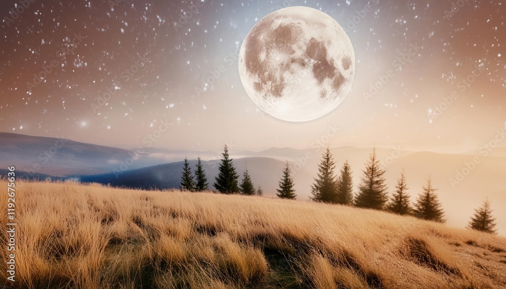 Stunning Full Moon in Night Landscape Enchanting Lunar Views