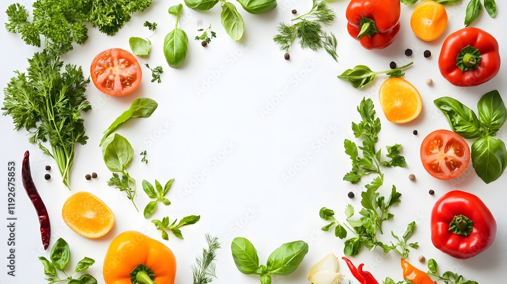 Fresh Vegetables Herbs and Spices Arranged on White Background Fresh Vegetables Herbs and Spices Arranged on White Background