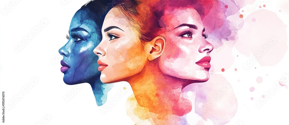 Fototapeta premium Watercolor diverse and empowering women profiles celebrating International Women's Day. AI generated image