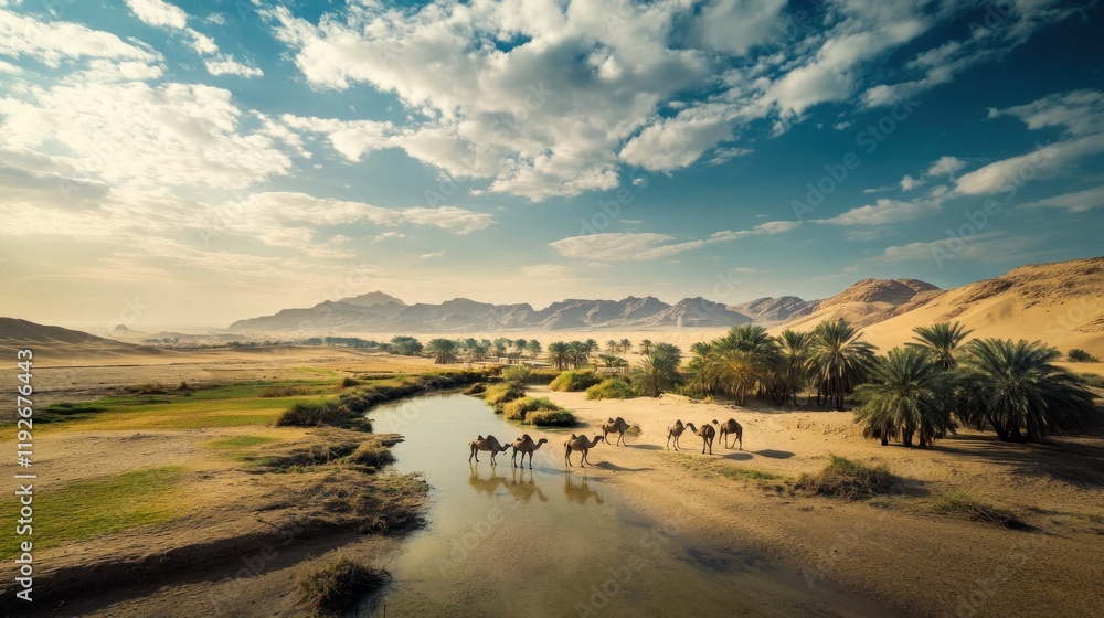 Fototapeta premium A serene desert landscape featuring a river with camels and palm trees under a cloudy sky