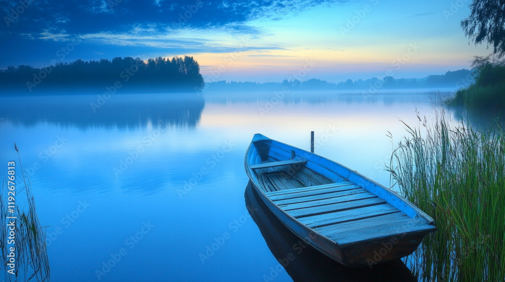 Obraz premium Morning tranquility by the calm waters of a lake with a blue boat resting on the shore