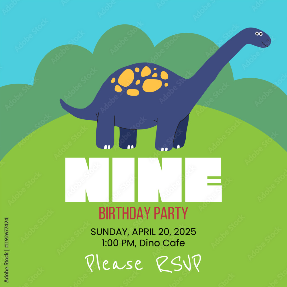 Naklejka premium Birthday party invitation with dino. Nine year greeting card template. Vector illustration.