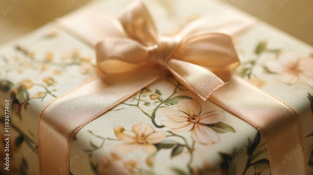 Close-up of a gift box with a floral pattern and peach-colored satin ribbon tied in a bow Close-up of a gift box with a floral pattern and peach-colored satin ribbon tied in a bow