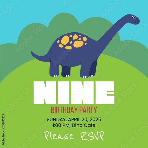 Birthday party invitation with dino. Nine year greeting card template. Vector illustration.