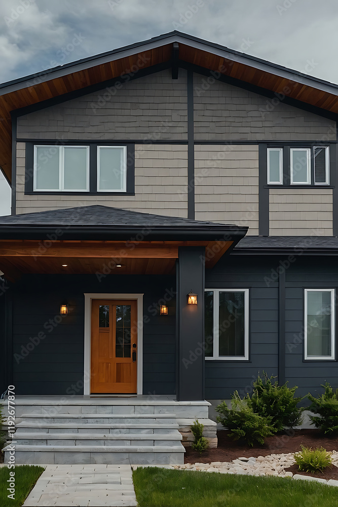 Naklejka premium Modern Dream Home: Sophisticated Exterior Design and Landscaping