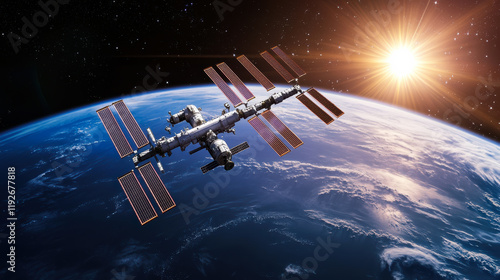 Fototapeta Naklejka Na Ścianę i Meble -  Futuristic space station orbiting Earth, illuminated by sunlight