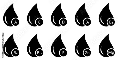 Set of multivitamin complexes with water drops icons. Multivitamin complex vector set black color isolated. Multivitamin supplement b1, d, e, mg, c, zinc, magnesium. Flat design. Vector illustration.