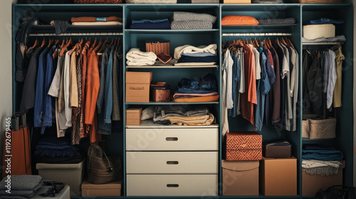 Organized wardrobe with neatly arranged clothes and storage boxes for efficient living space management photo