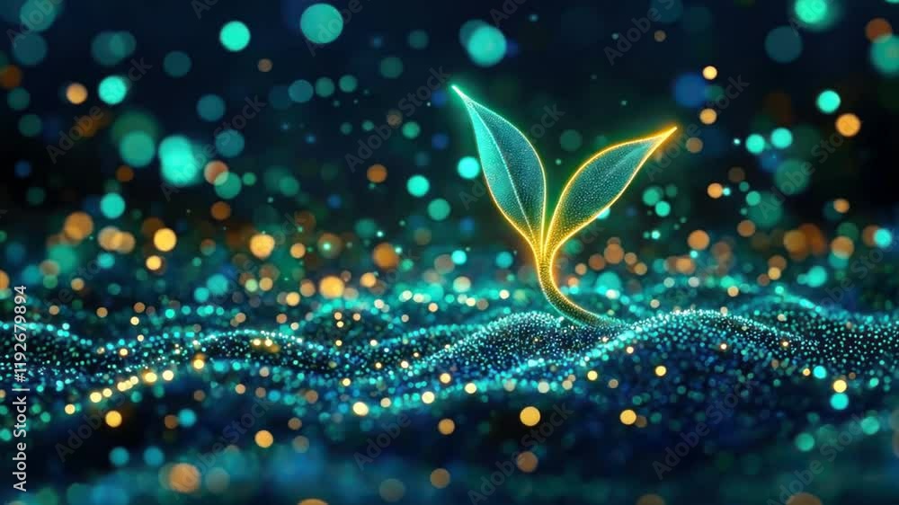 A digital plant sprout emerges from glowing blue and green particles on ...