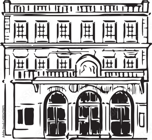 Theatre Royal, Bath, England black and white ink sketch. Historic English Georgian architecture destination. European cultural landmark illustration. Tourism, travel theme, isolated on white.