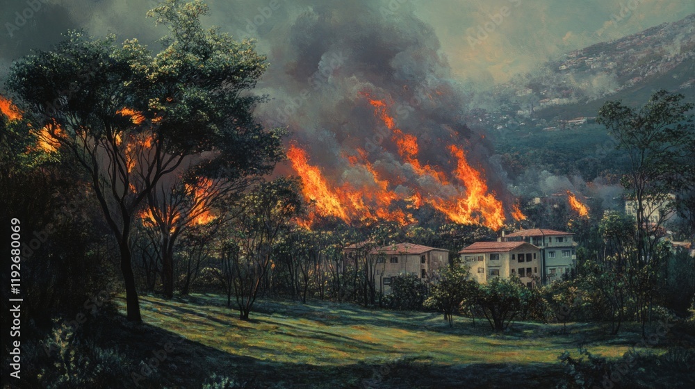 Fototapeta premium A dramatic painting of a wildfire consuming a forested area with homes nearby, creating a fiery scene