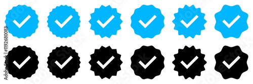 Set of confirmation icons. Profile verification check marks icons set in blue and black color. Verified account sign symbol. Flat style. Vector illustration.