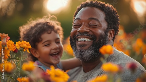 Joyful Embrace Between Smiling Man and Child in Vibrant Flower Garden