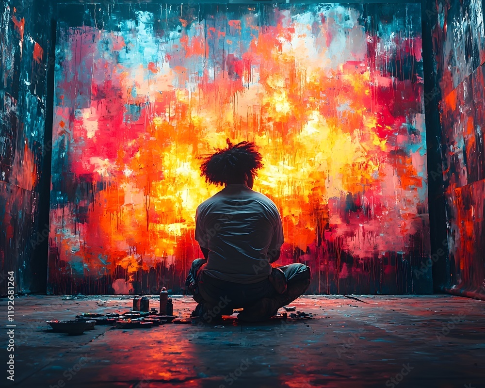 Solitary Painter Unleashing Vibrant Creativity on City Wall Radiating Passion Through Glowing Mural Solitary Painter Unleashing Vibrant Creativity on City Wall Radiating Passion Through Glowing Mural