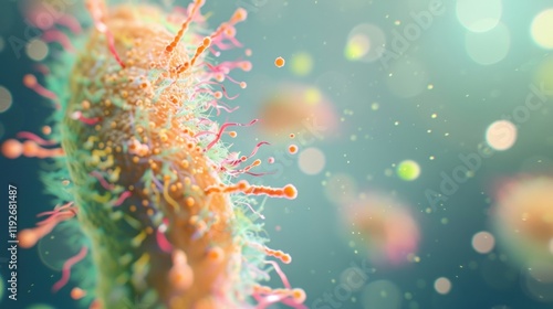 Detailed view of a hairy bacterium showcasing its unique surface features and vibrant coloration, highlighting microbial diversity in science