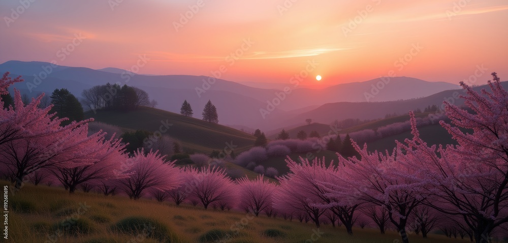 Fototapeta premium Cherry trees at sunrise over rolling hills