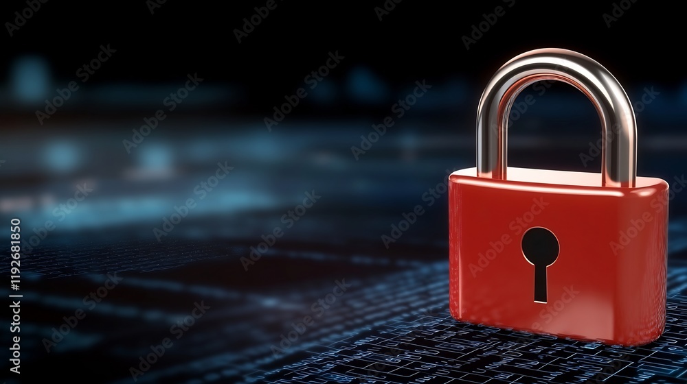 Fototapeta premium Red padlock secures digital data subtly lit cybersecurity concept. AI Generated