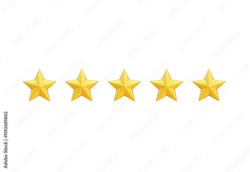Obraz premium Five Star Rating Icon, Golden Stars, Isolated on White Background, PNG Format, Review and Feedback Indicator, Quality Assurance, Customer Satisfaction Symbol