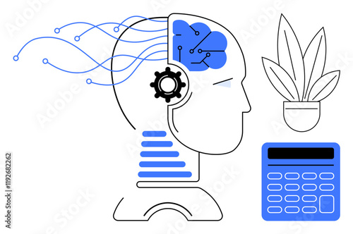 Human head filled with circuits and a cog illustrating AI, next to a calculator and potted plant. Ideal for technology, innovation, business finance, productivity, growth, AI in daily life, creative