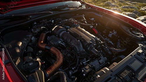 An engine bay featuring a large turbocharger and custom intercooler setup, with polished metal parts and vibrant hoses, designed for peak performance on mountain roads.  photo