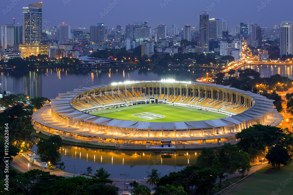Fototapeta premium night stadium aerial view, field markings crisp under lights, surrounding city darkness