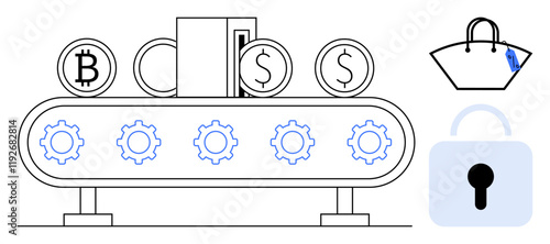 Factory machine with gears producing Bitcoin and dollar coins a shopping bag and lock symbol beside. Ideal for fintech, blockchain, digital economy, e-commerce, security, automation, manufacturing