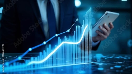 a businessman in a sleek suit interacting with a glowing futuristic graph showing financial growth from 2022 to 2023. the graph features blue and white tones with data points and a dynamic upward arro