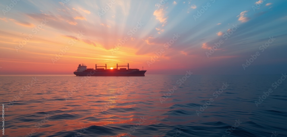Fototapeta premium Ship sailing during vibrant sunset over the ocean