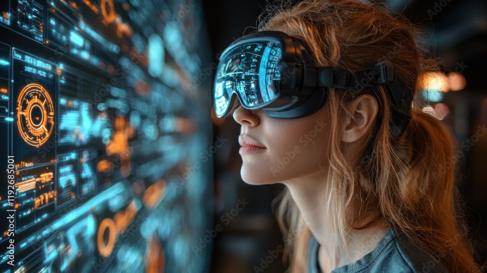 Woman using VR headset with digital interface. Woman using VR headset with digital interface.
