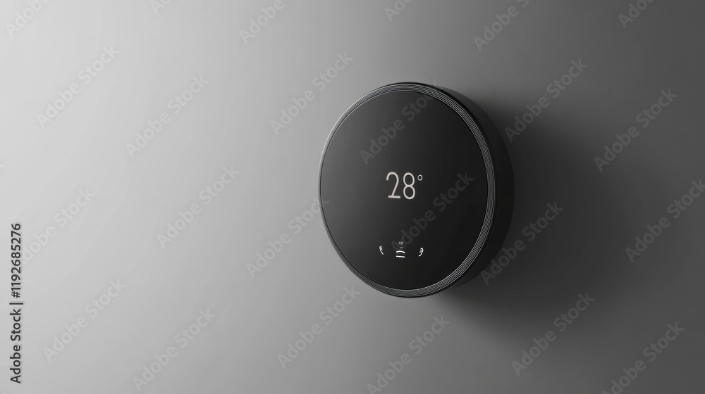 A chic smart thermostat with a sleek design on a minimalist wall, symbolizing modern home climate control and efficiency, Living space scene A chic smart thermostat with a sleek design on a minimalist wall, symbolizing modern home climate control and efficiency, Living space scene