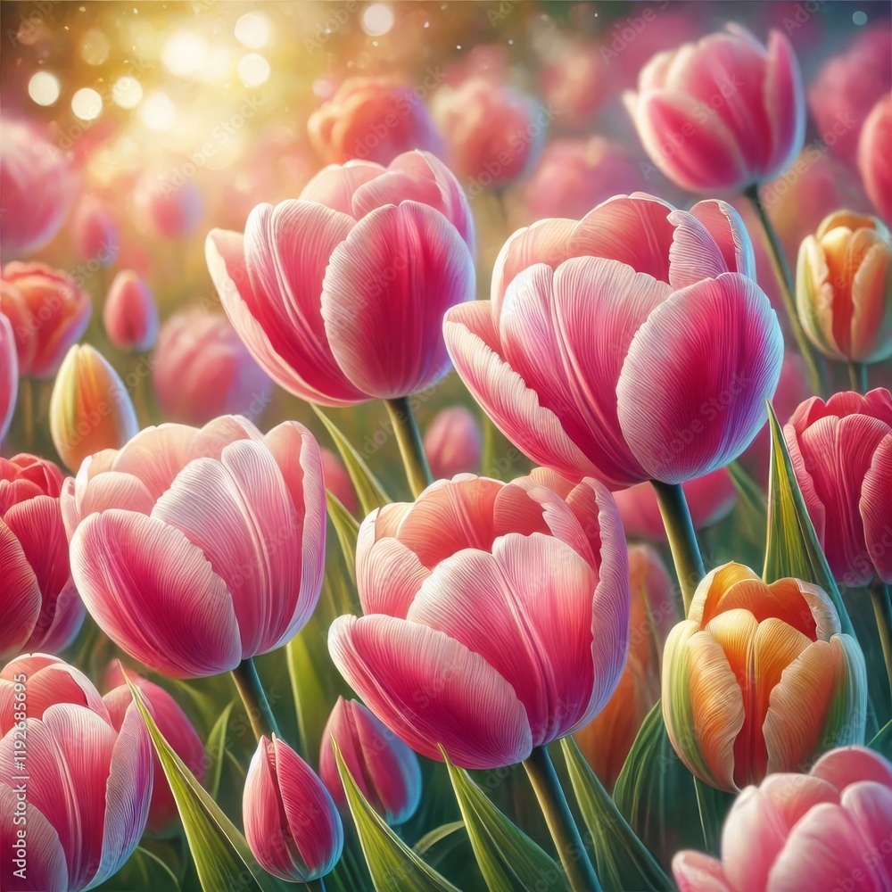 Fototapeta premium detailed photorealistic tulips spring flowers, blooming nature field garden, bright heavily blurred background 