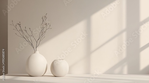 Minimalist Still Life with Dried Branches in White Vases