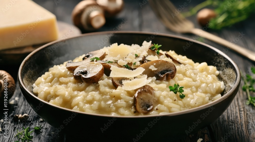 Close-up of a bowl of risotto with mushrooms and Parmesan cheese on a dark wooden table, emphasizing the creamy texture and rich flavor. Ideal for gourmet cooking and restaurant menus. Close-up of a bowl of risotto with mushrooms and Parmesan cheese on a dark wooden table, emphasizing the creamy texture and rich flavor. Ideal for gourmet cooking and restaurant menus.