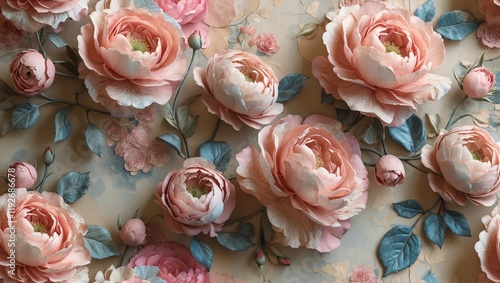 Delicate pink roses with lush leaves arranged artistically on a textured backdrop depicting a serene floral theme