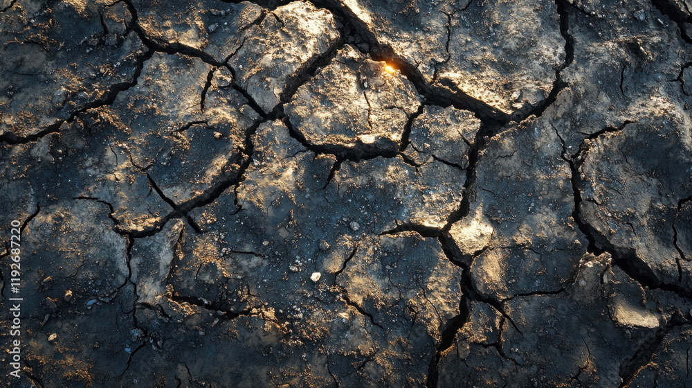 Fototapeta premium Cracked ground surface with dry soil and sunlight peeking through, showcasing effects of drought and arid conditions