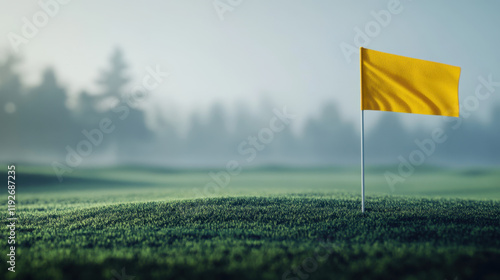solitary yellow flag stands on misty golf course, surrounded by lush green grass and soft hills, creating serene and tranquil atmosphere