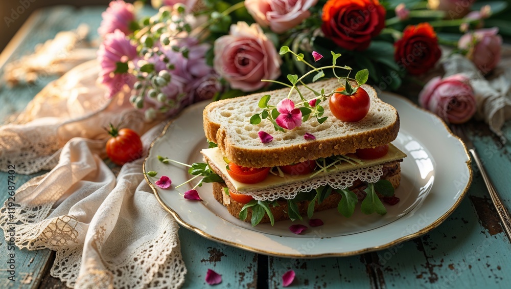 Elegant Cheese and Tomato Sandwich on Decorative Plate with Roses Elegant Cheese and Tomato Sandwich on Decorative Plate with Roses